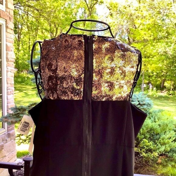 SHOSHANNA BLACK A-LINE SLEEVELESS GOLD EMBELLISHED YOKE SEQUIN DRESS 10 NWT - Picture 9 of 16